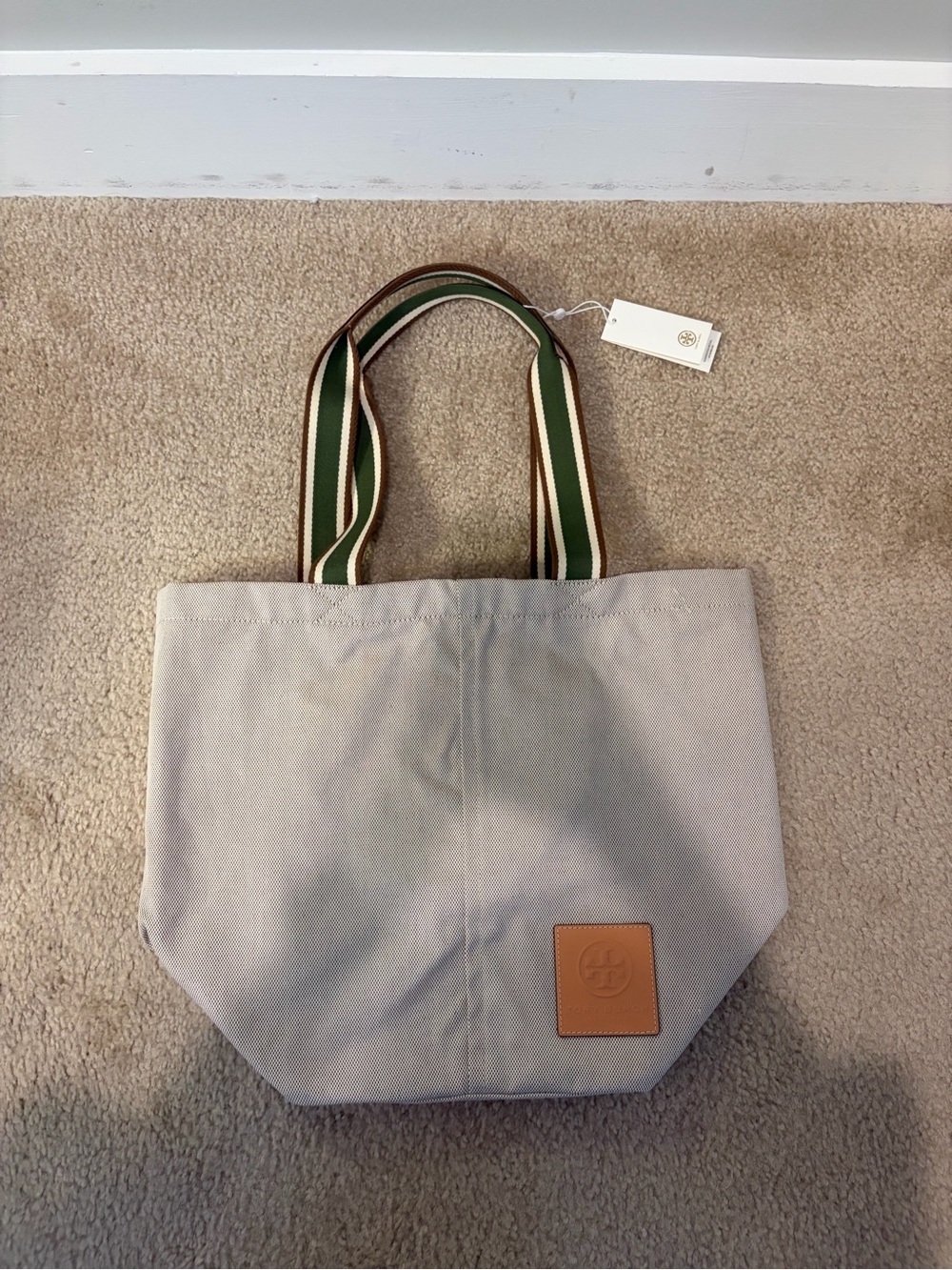 Tory Burch Tote with Green and Cream Webbing Strap